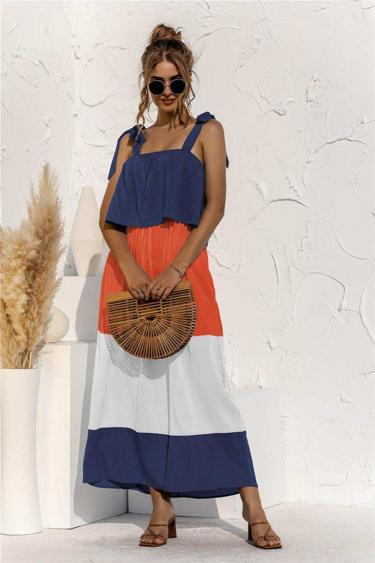 Color Block Tie Shoulder Tiered Sleeveless Dress - Trendsi - Flyclothing LLC