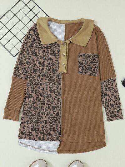 Half Button Leopard Collared Neck Blouse - Trendsi - Flyclothing LLC
