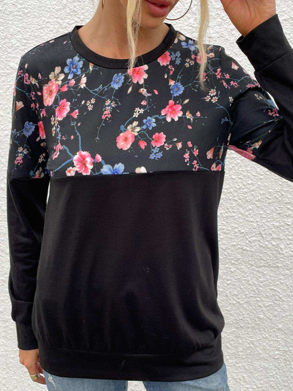 Floral Print Round Neck Dropped Shoulder Tee - Trendsi - Flyclothing LLC