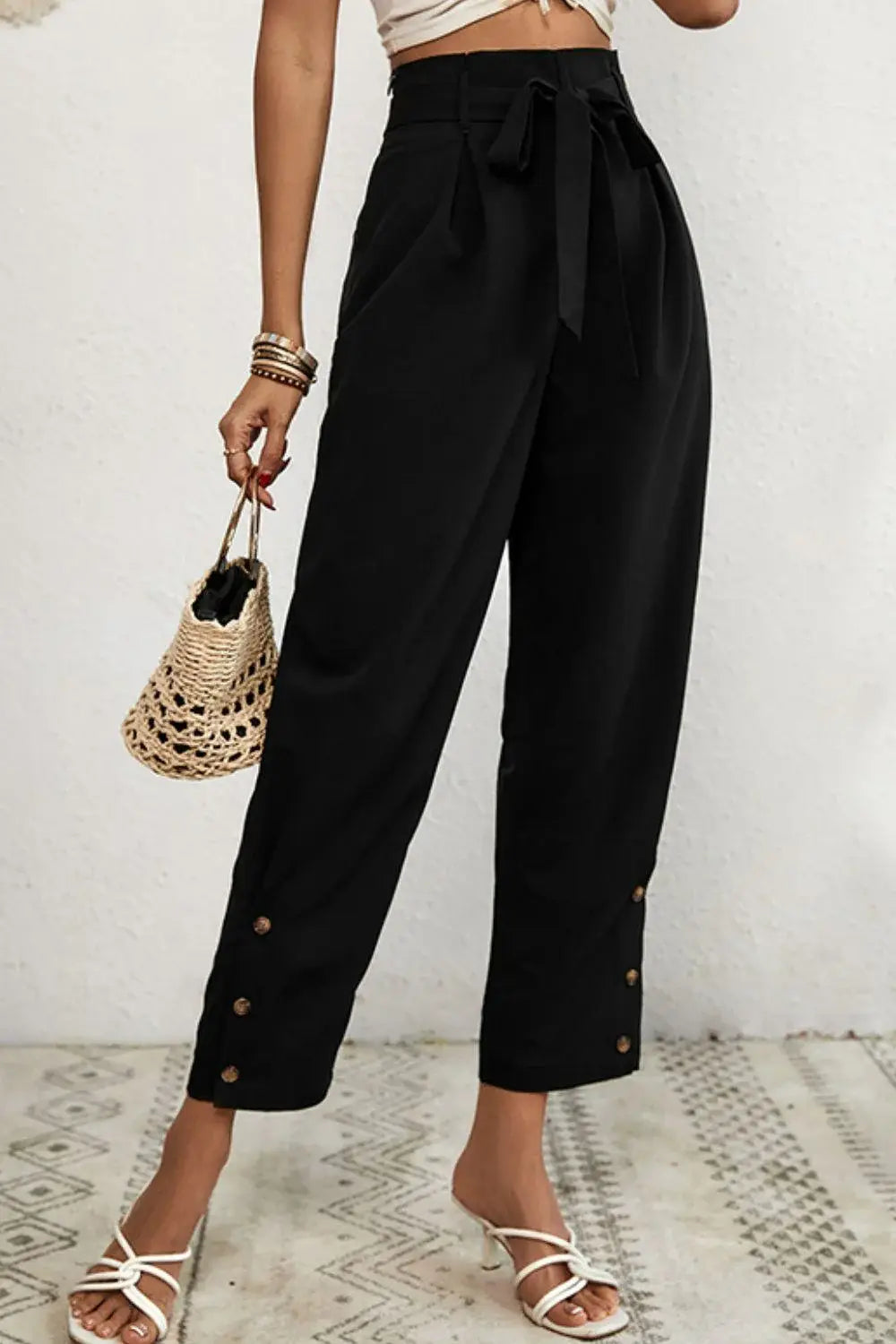 Buttoned Tie-Waist Cropped Pants - Trendsi - Flyclothing LLC