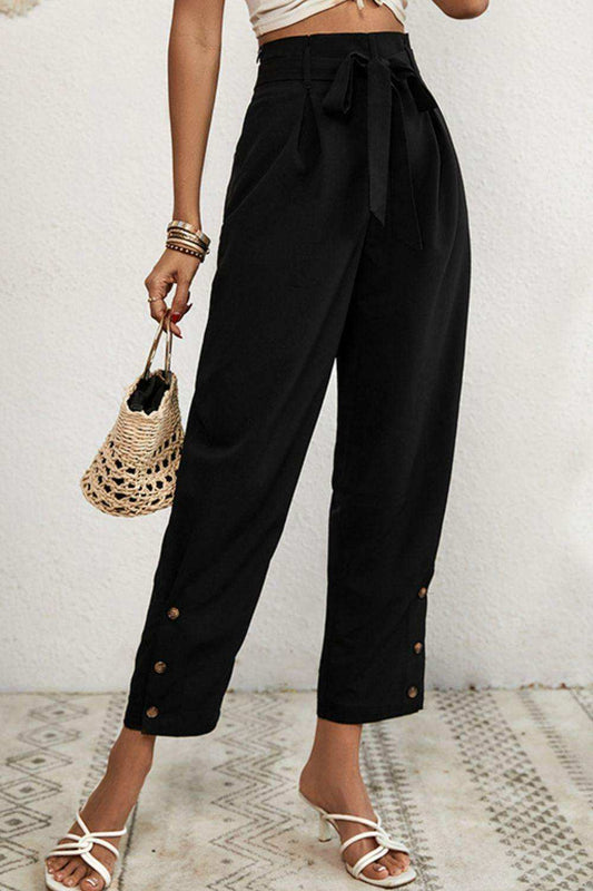 Buttoned Tie-Waist Cropped Pants - Trendsi - Flyclothing LLC