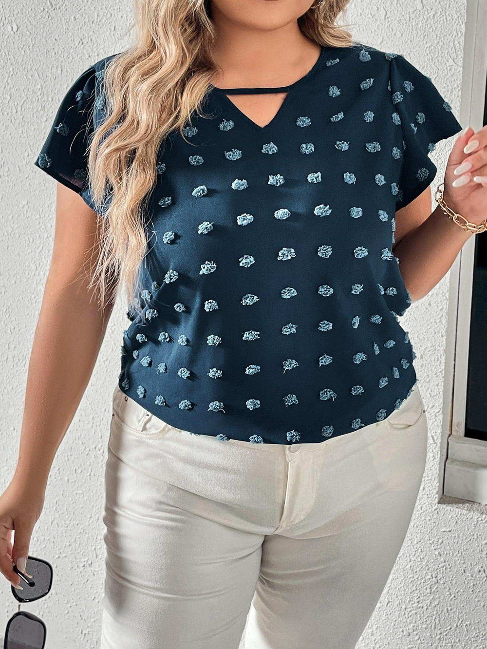 Plus Size Swiss Dot V-Neck Flutter Sleeve Tee - Trendsi - Flyclothing LLC
