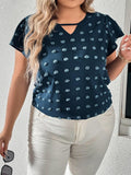 Plus Size Swiss Dot V-Neck Flutter Sleeve Tee - Trendsi