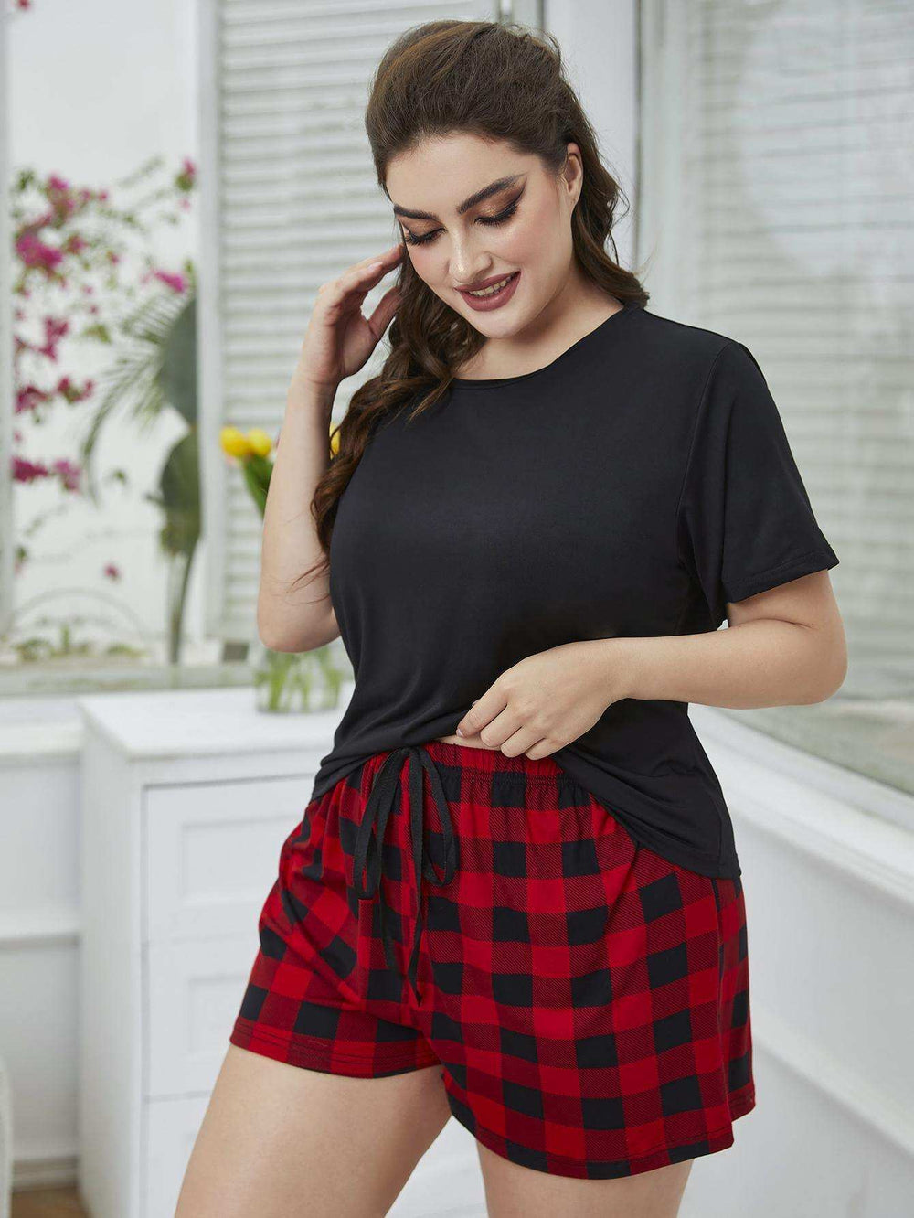 Plus Size Round Neck Tee Shirt and Plaid Shorts Lounge Set - Trendsi - Flyclothing LLC