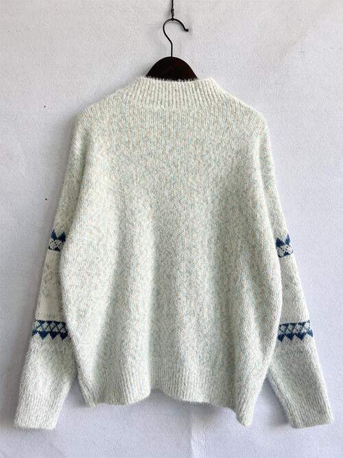 Geometric Mock Neck Dropped Shoulder Sweater - Trendsi - Flyclothing LLC