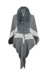 Striped Fringe Detail Long Sleeve Poncho - Trendsi - Flyclothing LLC