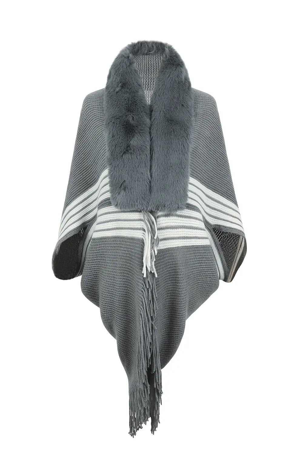 Striped Fringe Detail Long Sleeve Poncho - Trendsi - Flyclothing LLC