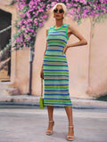 Striped Round Neck Sleeveless Midi Cover Up Dress - Trendsi