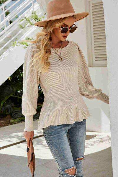 （No）Ribbed Round Neck Lantern Sleeve Sweater - Trendsi - Flyclothing LLC