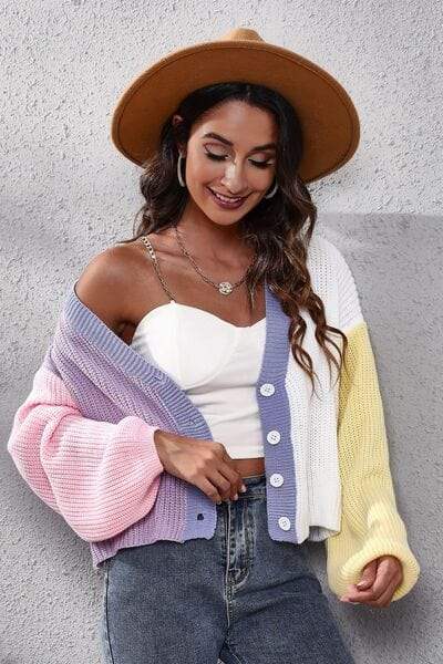 Color Block Button Up V-Neck Knit Top - Trendsi - Flyclothing LLC