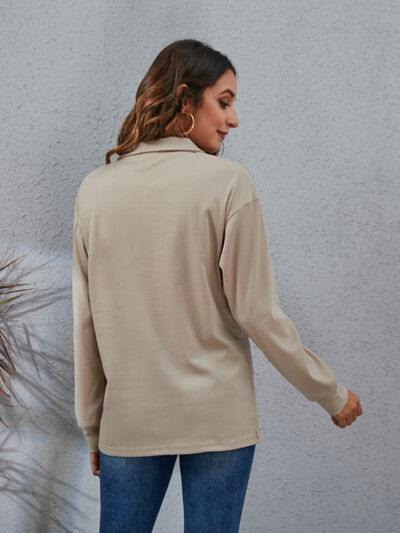 Half Button Dropped Shoulder Blouse - Trendsi