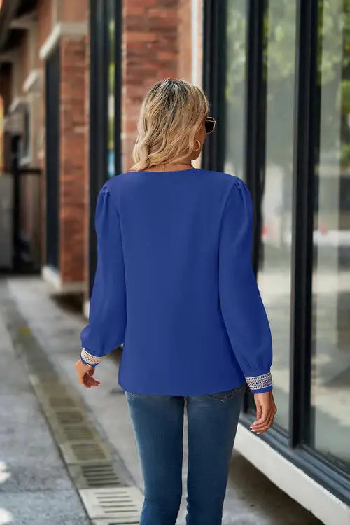 V-Neck Lace Detail Long Sleeve Top - Trendsi - Flyclothing LLC