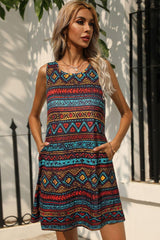Printed Round Neck Sleeveless Dress with Pockets - Trendsi