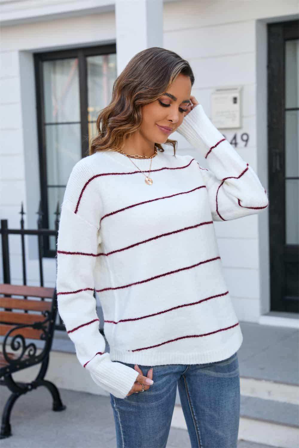 Striped Round Neck Long Sleeve Sweater - Trendsi - Flyclothing LLC