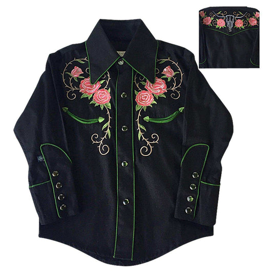 Kid's Embroidered Steer Skull & Roses Western Shirt in Black - Rockmount Clothing - Flyclothing LLC