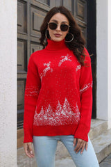 Reindeer & Snow Pattern Turtle Neck Pullover Sweater - Trendsi