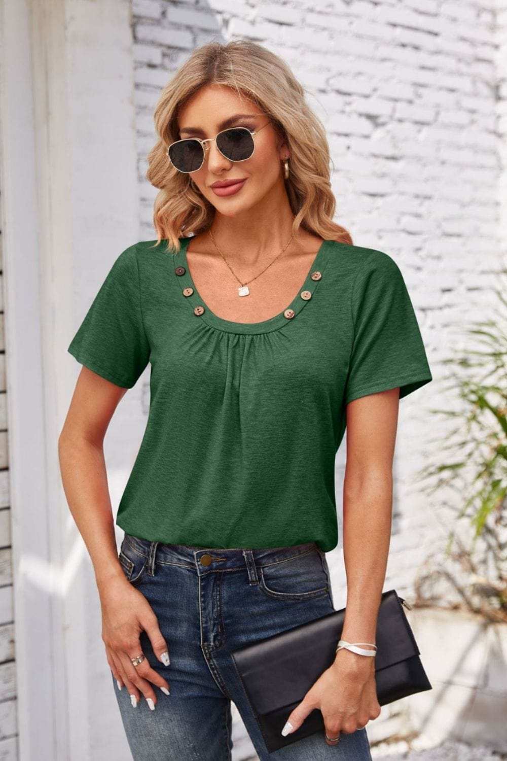 Decorative Button Scoop Neck T-Shirt - Trendsi - Flyclothing LLC