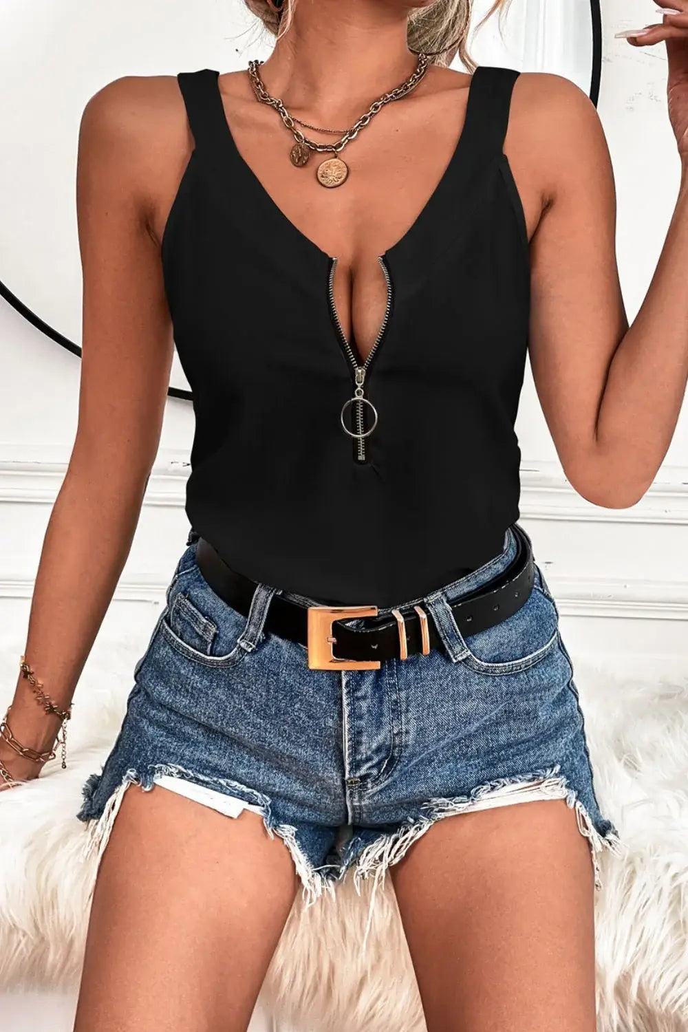 Half-Zip Scoop Neck Tank - Trendsi - Flyclothing LLC