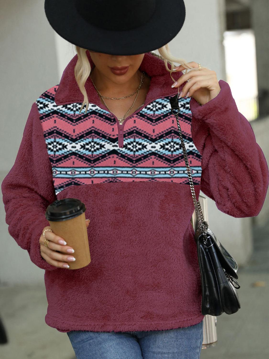 Geometric Quarter-Zip Collared Sweatshirt - Trendsi