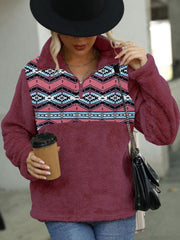 Geometric Quarter-Zip Collared Sweatshirt - Trendsi