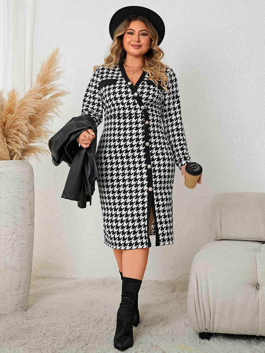 Plus Size Houndstooth Long Sleeve Slit Dress - Trendsi - Flyclothing LLC