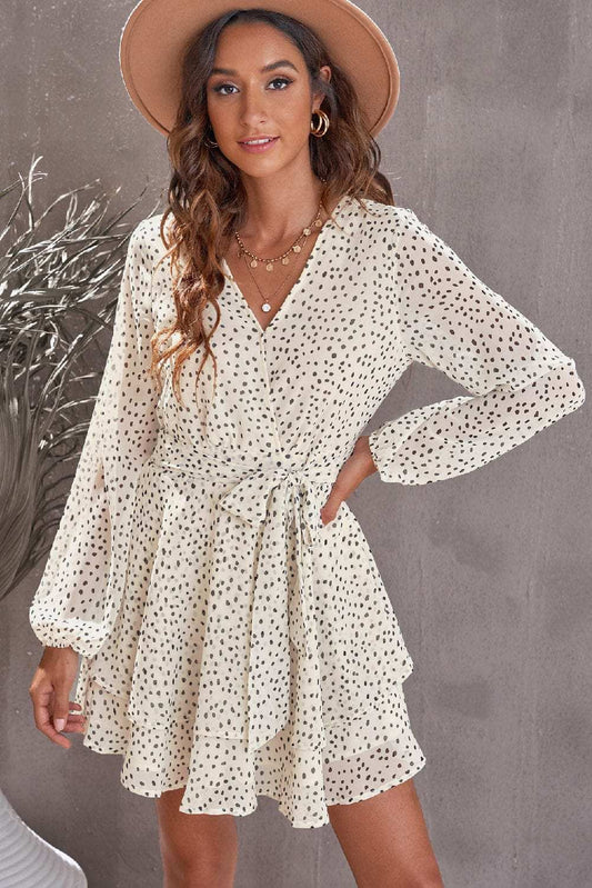 Tied Polka Dot Balloon Sleeve Layered Dress - Trendsi - Flyclothing LLC