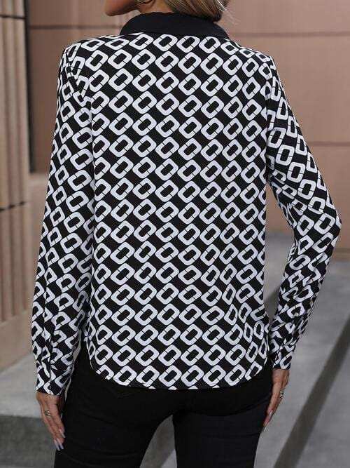 Printed Collared Neck Long Sleeve Shirt - Trendsi - Flyclothing LLC