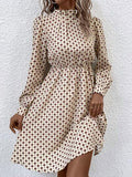 Printed Ruched Mock Neck Long Sleeve Dress - Trendsi