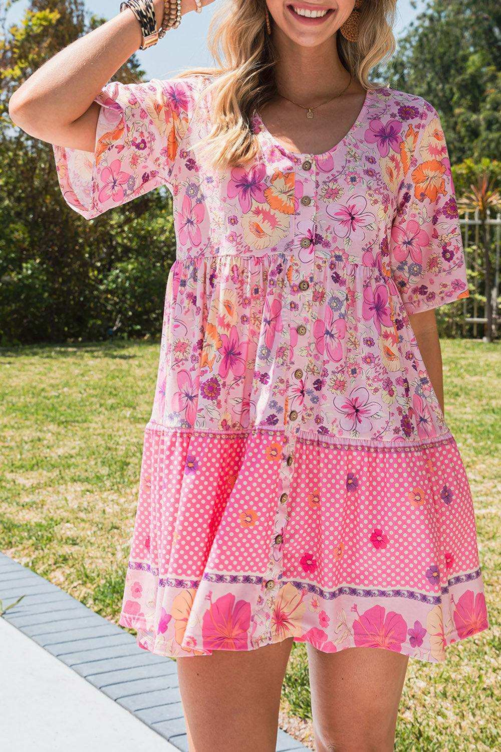 Floral Polka Dot Buttoned Mini Dress - Trendsi - Flyclothing LLC