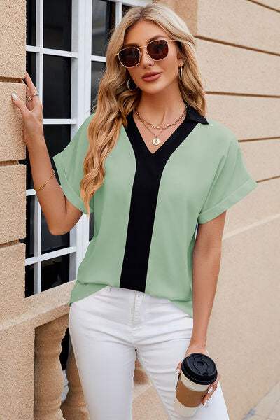 Contrast Johnny Collar Short Sleeve Blouse - Trendsi - Flyclothing LLC