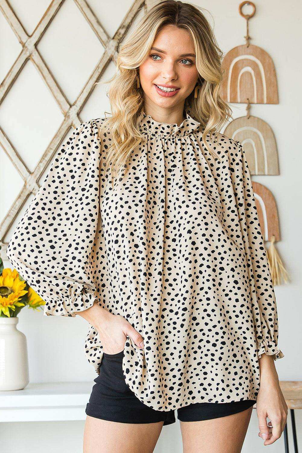 Animal Print Ruffle Collar Flounce Sleeve Blouse - Trendsi - Flyclothing LLC