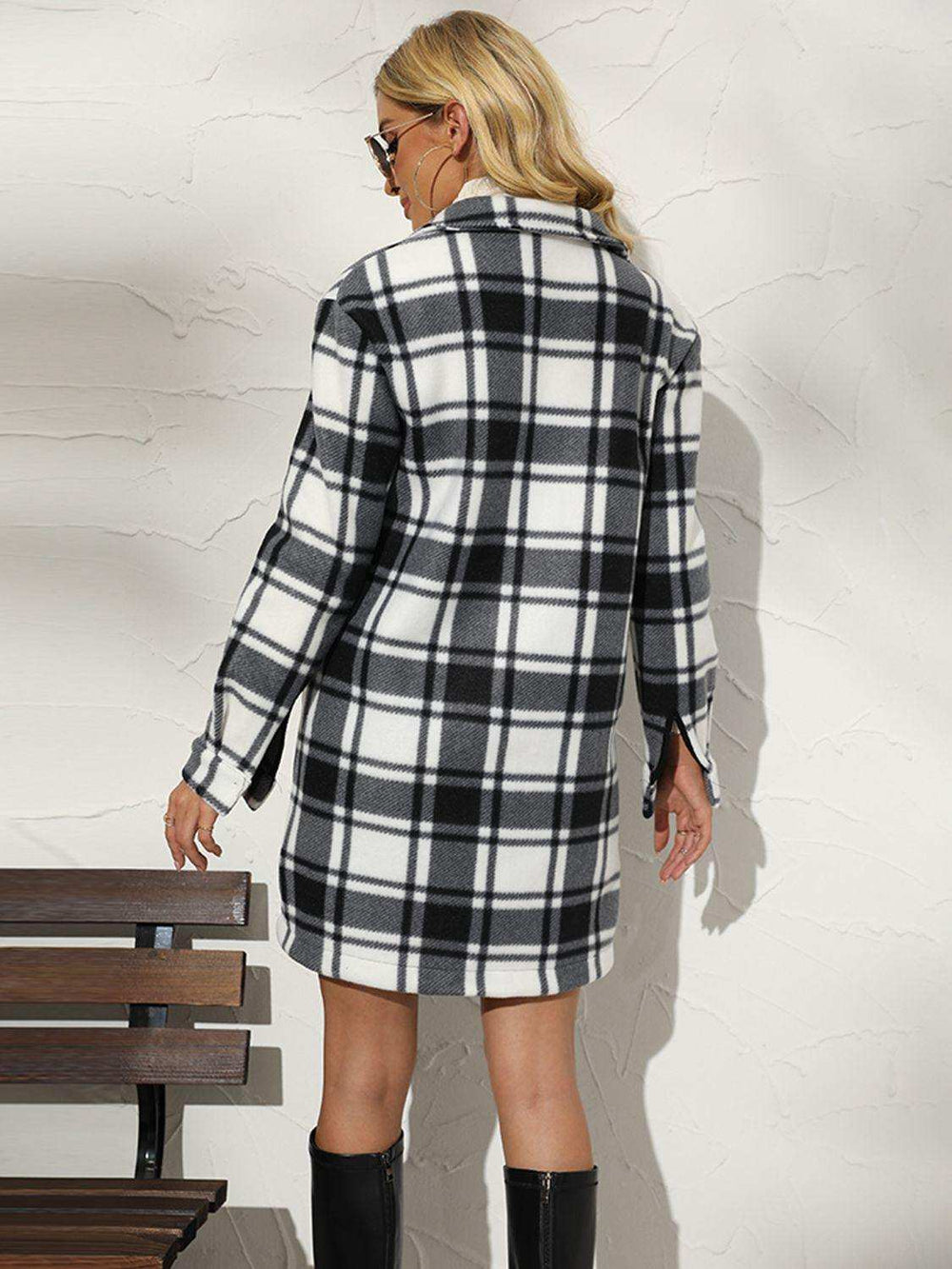Plaid Collared Longline Coat - Trendsi - Flyclothing LLC