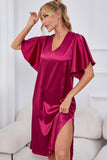 Satin Flutter Sleeve Side Slit V-Neck Night Dress - Trendsi