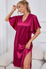 Satin Flutter Sleeve Side Slit V-Neck Night Dress - Trendsi