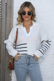 Ribbed Notched Neck Striped Long Sleeve Sweater - Trendsi