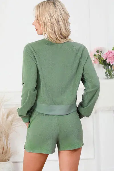 Round Neck Long Sleeve Top and Drawstring Shorts Lounge Set - Trendsi - Flyclothing LLC