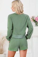 Round Neck Long Sleeve Top and Drawstring Shorts Lounge Set - Trendsi - Flyclothing LLC
