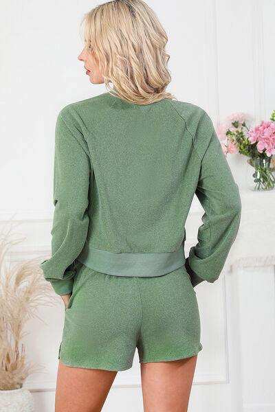 Round Neck Long Sleeve Top and Drawstring Shorts Lounge Set - Trendsi - Flyclothing LLC