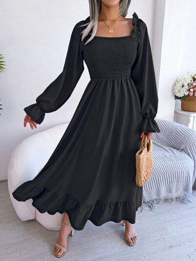 Smocked Square Neck Flounce Sleeve Dress - Trendsi - Flyclothing LLC