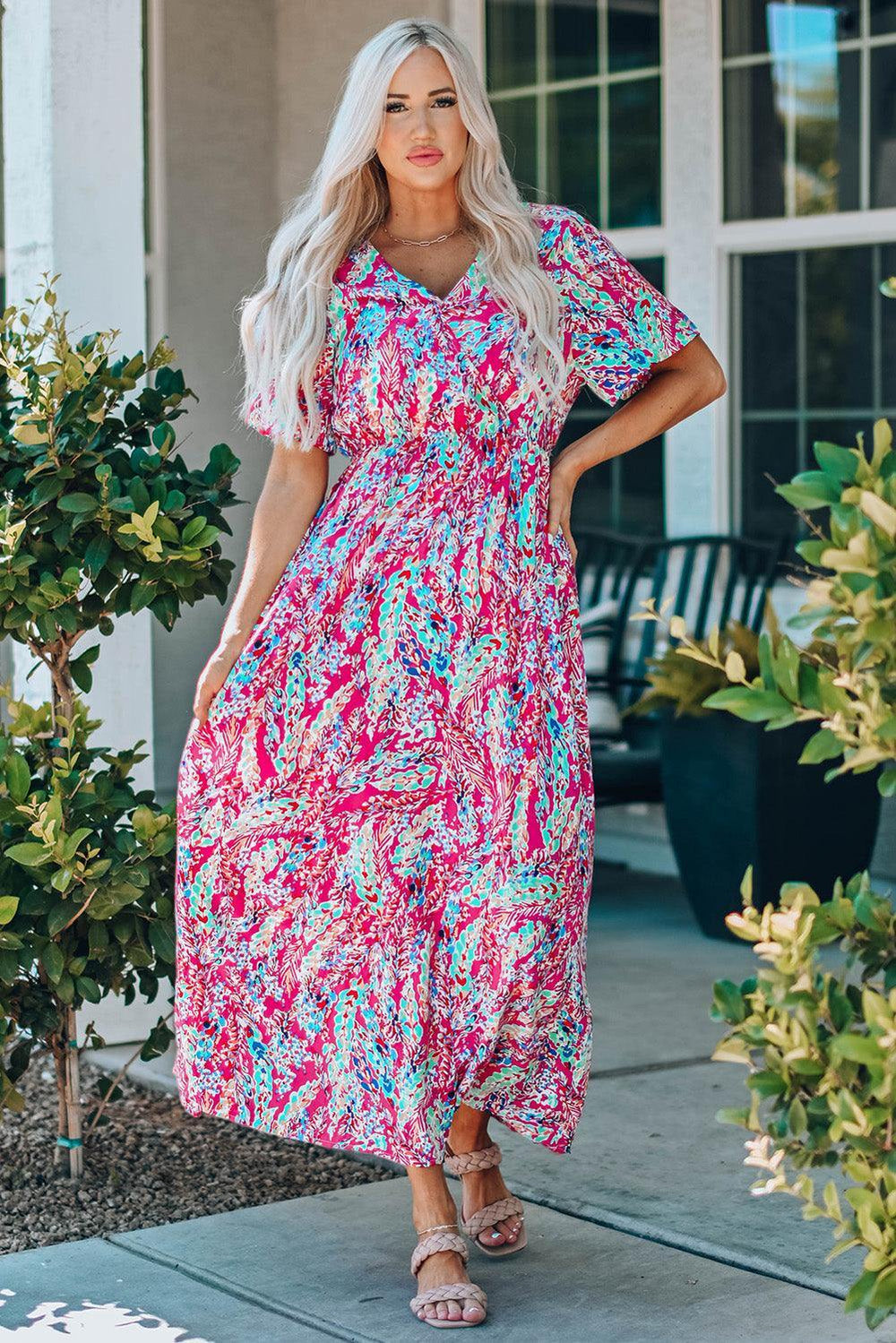 Multicolored V-Neck Maxi Dress - Trendsi