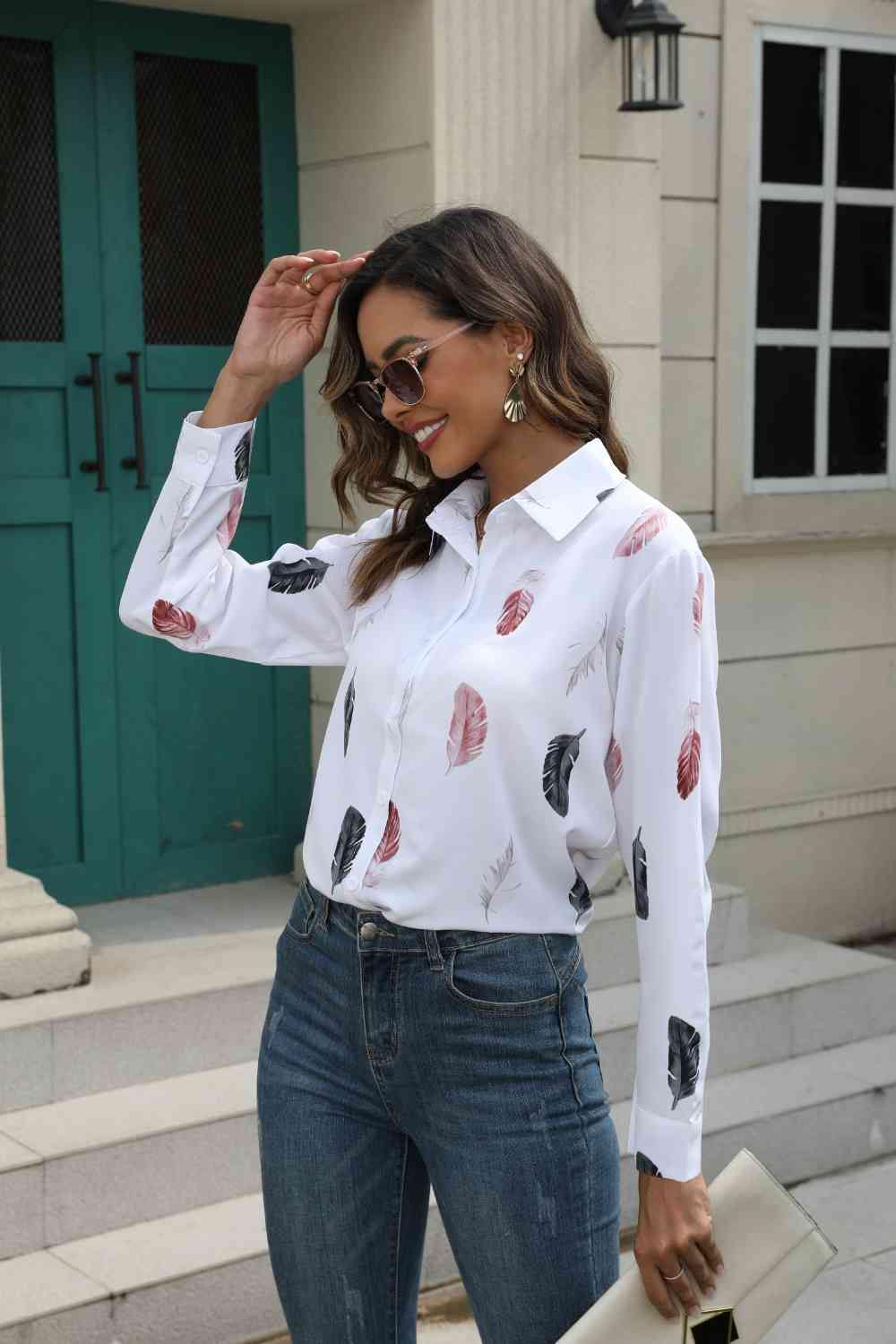 Printed Collared Neck Buttoned Shirt - Trendsi