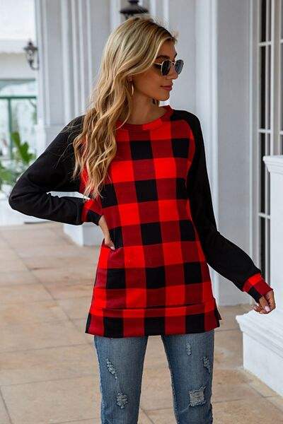 Plaid Round Neck Long Sleeve T-Shirt - Trendsi - Flyclothing LLC