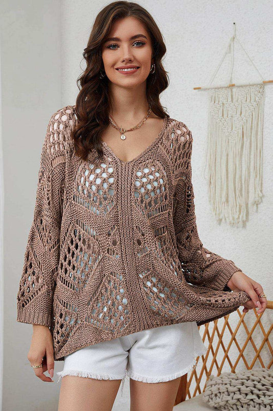 Openwork V-Neck Sweater - Trendsi - Flyclothing LLC
