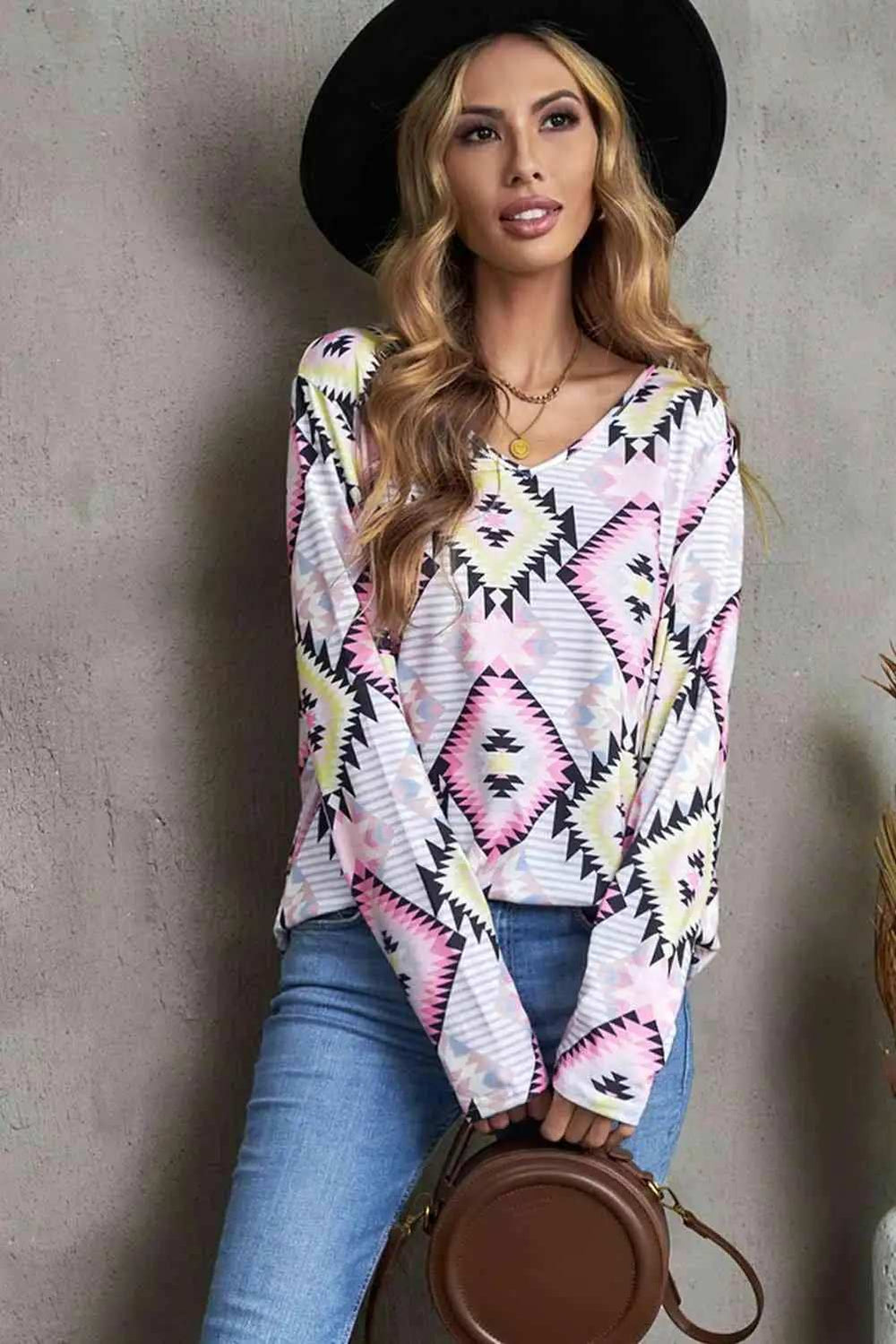 Geometric V-Neck Long Sleeve T-Shirt - Trendsi - Flyclothing LLC