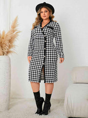 Plus Size Houndstooth Long Sleeve Slit Dress - Trendsi