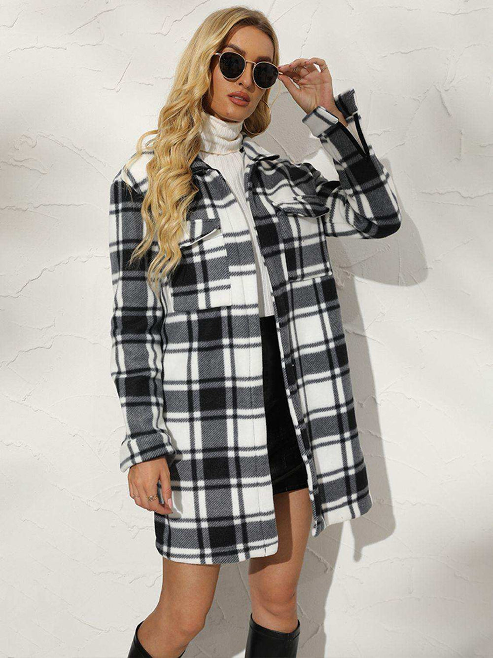 Plaid Collared Longline Coat - Trendsi - Flyclothing LLC