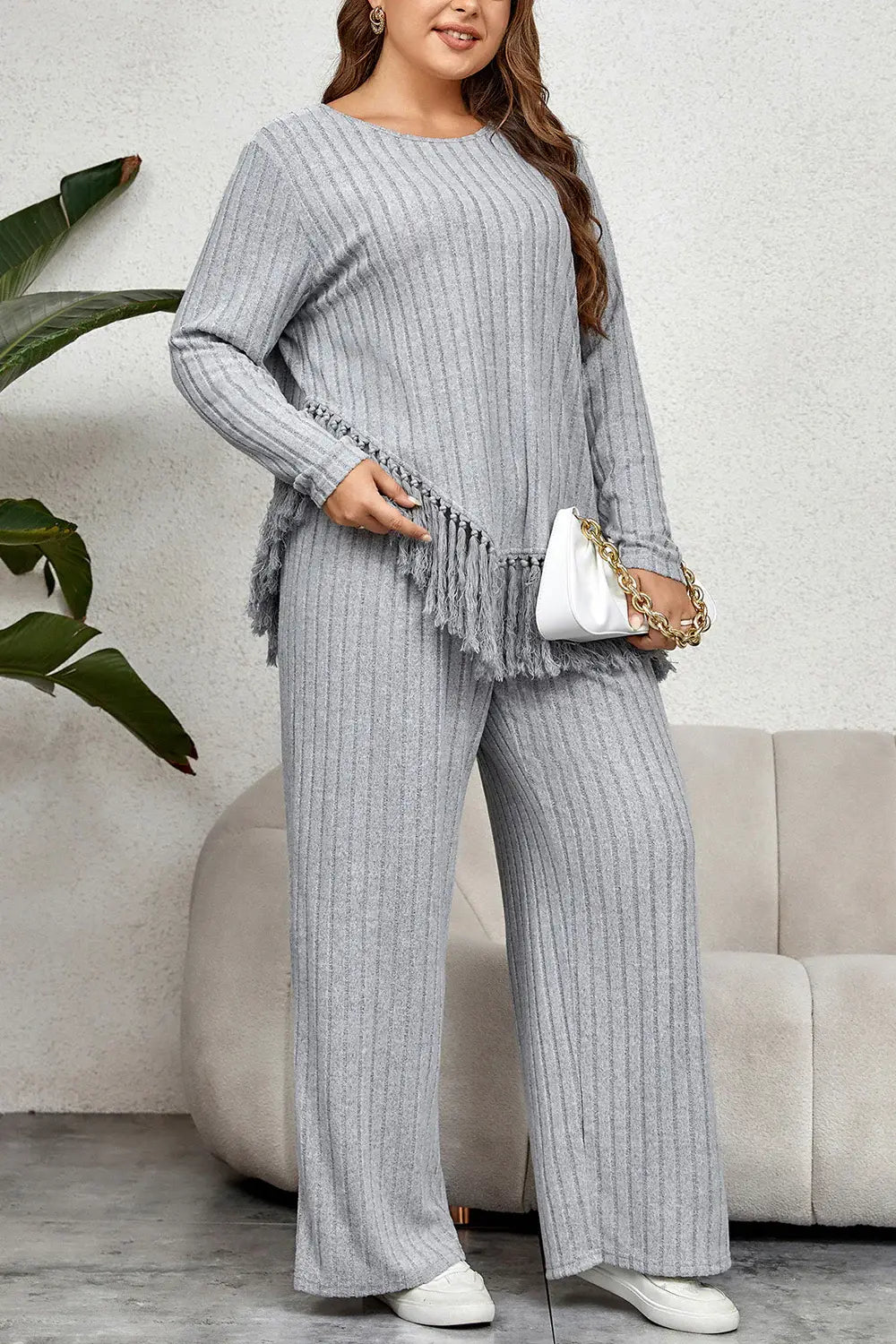 Plus Size Tassel Hem Top and Pants Set - Trendsi - Flyclothing LLC