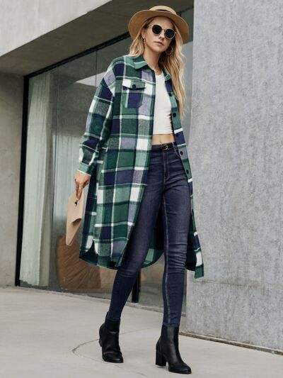 Plaid Pocketed Button Up Trench Coat - Trendsi - Flyclothing LLC