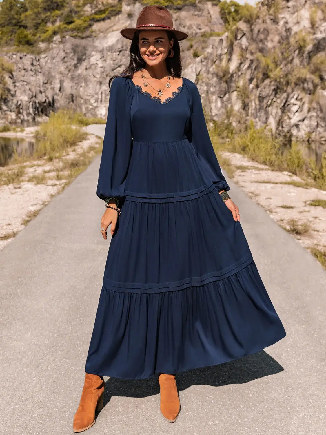 Long Sleeve Lace Trim Maxi Dress - Trendsi - Flyclothing LLC