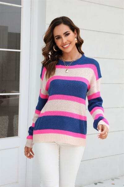 Color Block Round Neck Dropped Shoulder Sweater - Trendsi - Flyclothing LLC